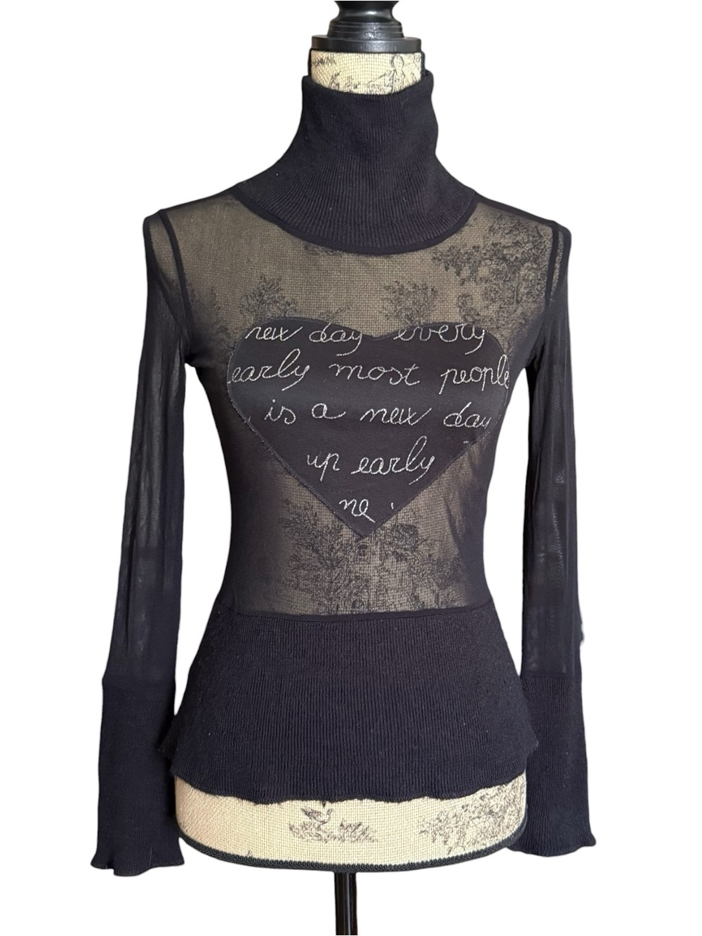 Y2K Black Sheer Turtleneck Mesh Top with Heart Script Detail Size S/M